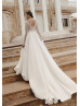 Long Sleeves Beaded Ivory Lace Satin Slit Simple Wedding Dress
